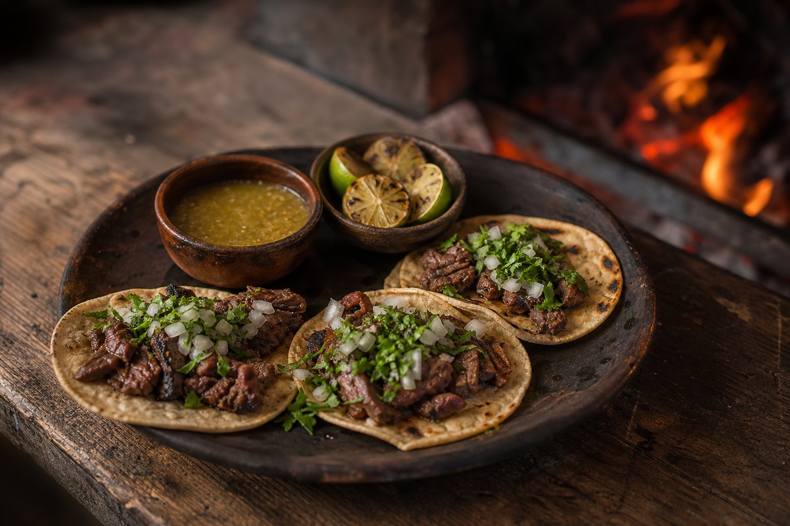 Tacos de carne asada con cilantro, cebolla y salsas